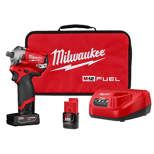 Milwaukee 2555-22 M12 Fuel Stubby 1/2 Inch Impact Wrench Kit Compact High Torque Cordless Wrench