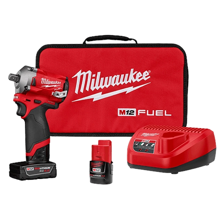 Milwaukee 2555-22 M12 Fuel Stubby 1/2 Inch Impact Wrench Kit Compact High Torque Cordless Wrench