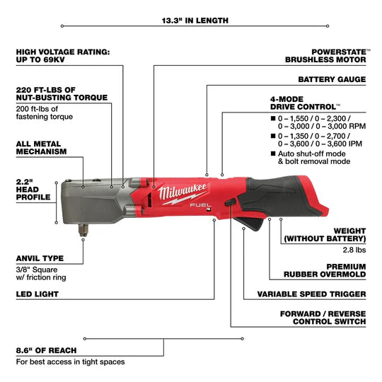 Milwaukee 2564-20 M12 FUEL 12V 3/8" Cordless Right Angle Impact Wrench image 2