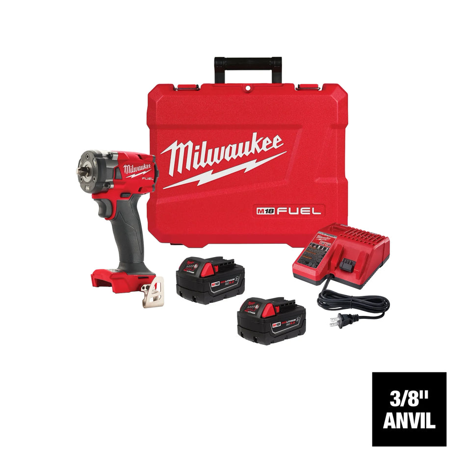 Milwaukee 2854-22R M18 Fuel 3/8 Inch Compact Impact Wrench with Friction Ring Kit High Torque Cordless Tool