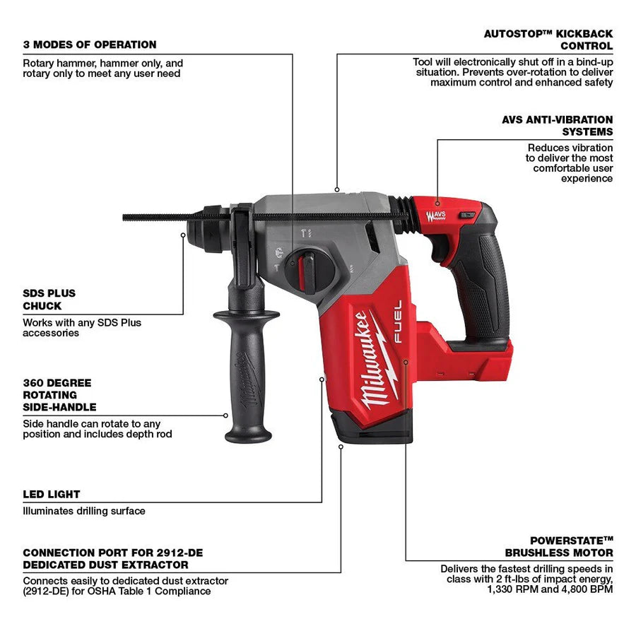 Milwaukee 2912-20 M18 FUEL 1" SDS Plus Rotary Hammer – High-Performance Cordless Rotary Hammer for Professional Drilling image 2