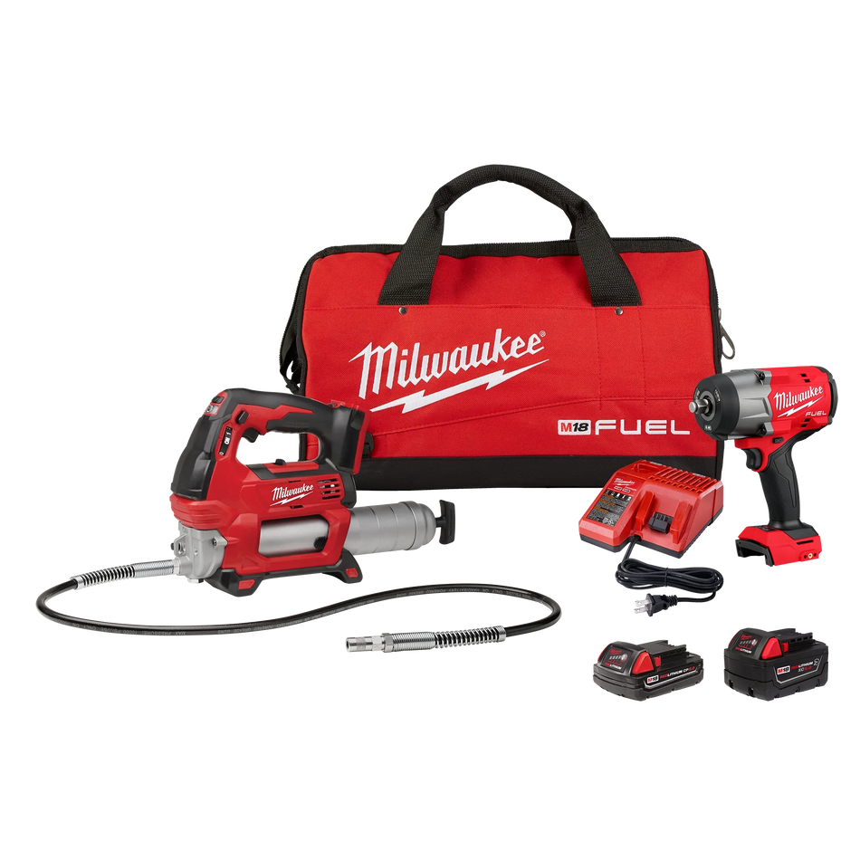 Milwaukee 2967-22GG M18 Fuel 1/2 Inch HTIW with Friction Ring and Grease Gun Combo Kit Cordless Lubrication Tool Set
