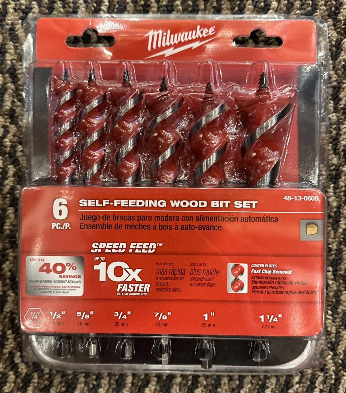 Milwaukee 48‑13‑0600 Speed Feed Wood Bit Set 6‑Piece 6‑1/2″ Fast‑Drilling Self‑Feeding Bits