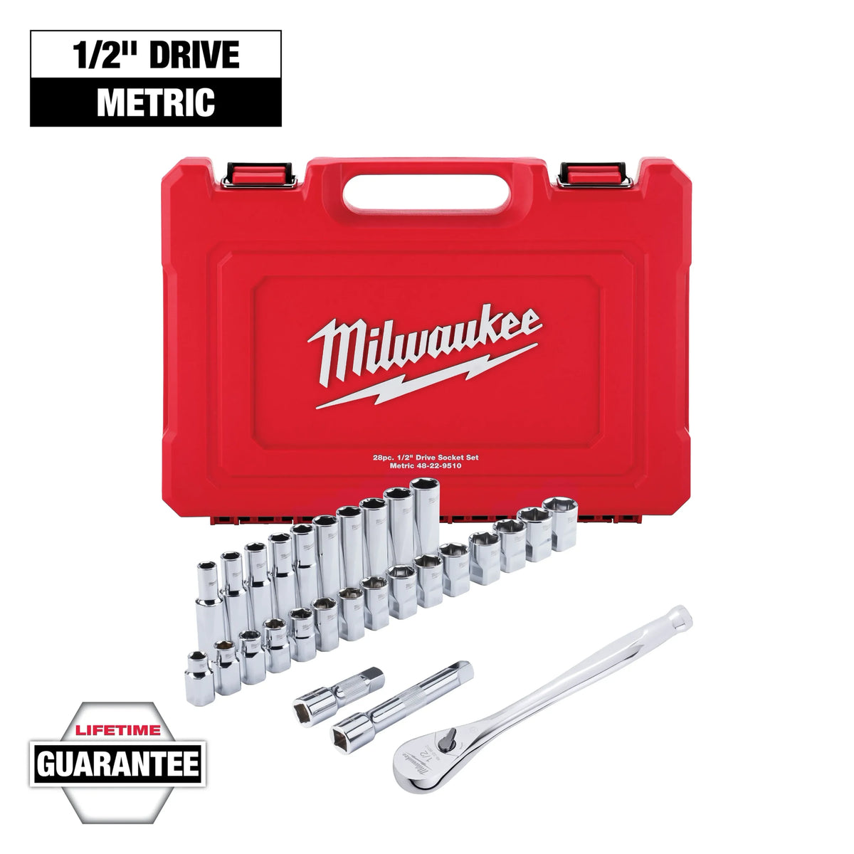 Milwaukee 48‑22‑9510 28‑Piece 1/2‑Inch Metric Socket Set with Four‑Flat Sides Ratchet
