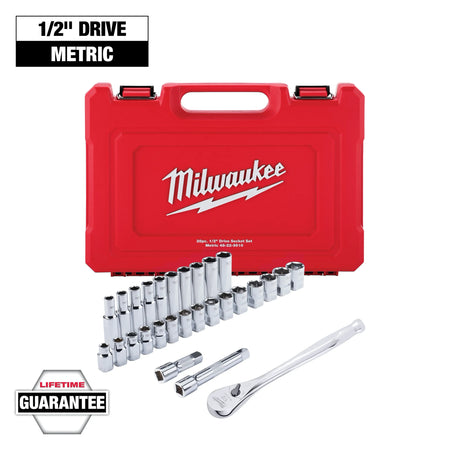 Milwaukee 48‑22‑9510 28‑Piece 1/2‑Inch Metric Socket Set with Four‑Flat Sides Ratchet