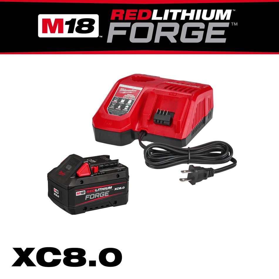 Milwaukee 48‑59‑1881 M18 REDLITHIUM FORGE XC8.0 Starter Kit High‑Output Long-Life 8 Ah Battery &amp; Rapid Charger
