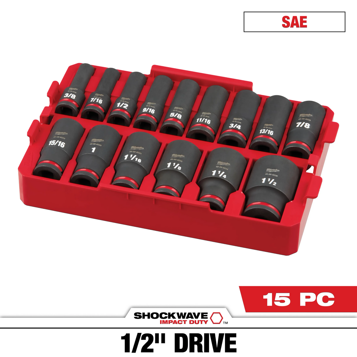 Milwaukee 49-66-6817 15 Piece SHOCKWAVE 1/2 in Drive SAE Deep Impact Socket Set