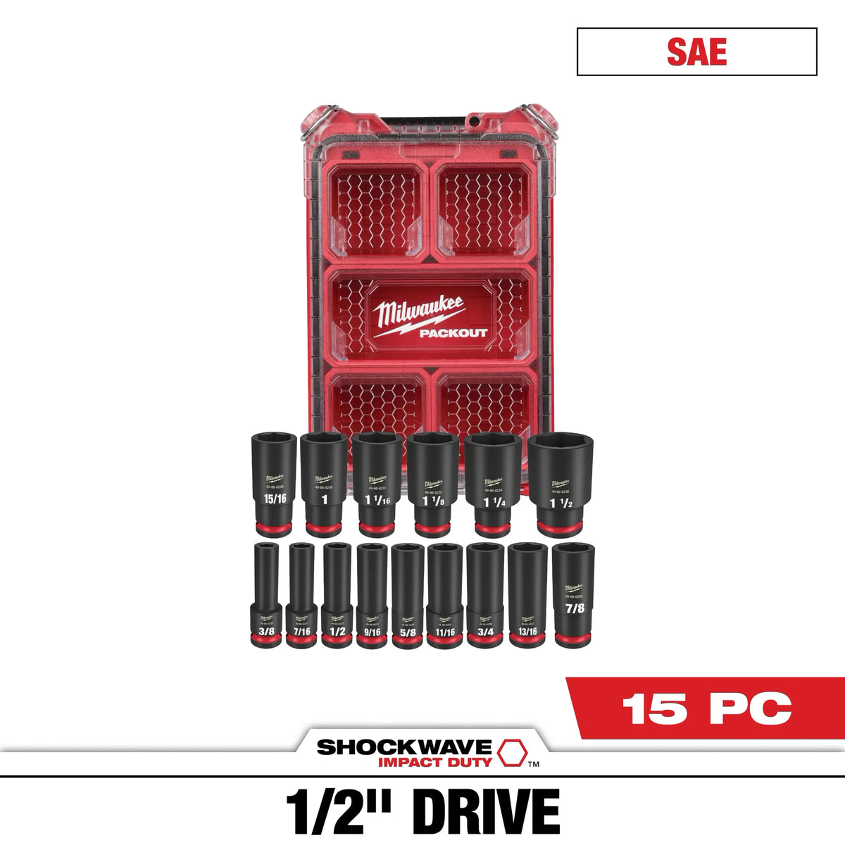 Milwaukee 49‑66‑6802 15 PC Shockwave Impact Duty 1/2‑Inch Drive SAE Socket Set with Packout Case