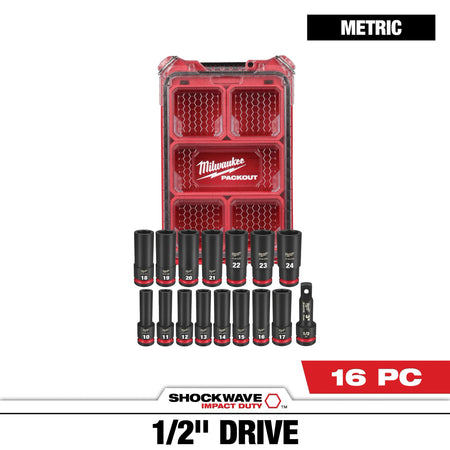 Milwaukee 49-66-6803 16-Piece SHOCKWAVE Impact Duty 1/2 Inch Drive Metric Socket Set with PACKOUT for Heavy-Duty Use