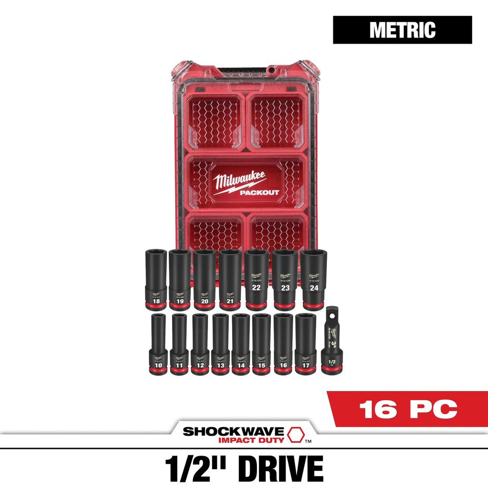 Milwaukee 49-66-6803 16-Piece SHOCKWAVE Impact Duty 1/2 Inch Drive Metric Socket Set with PACKOUT for Heavy-Duty Use