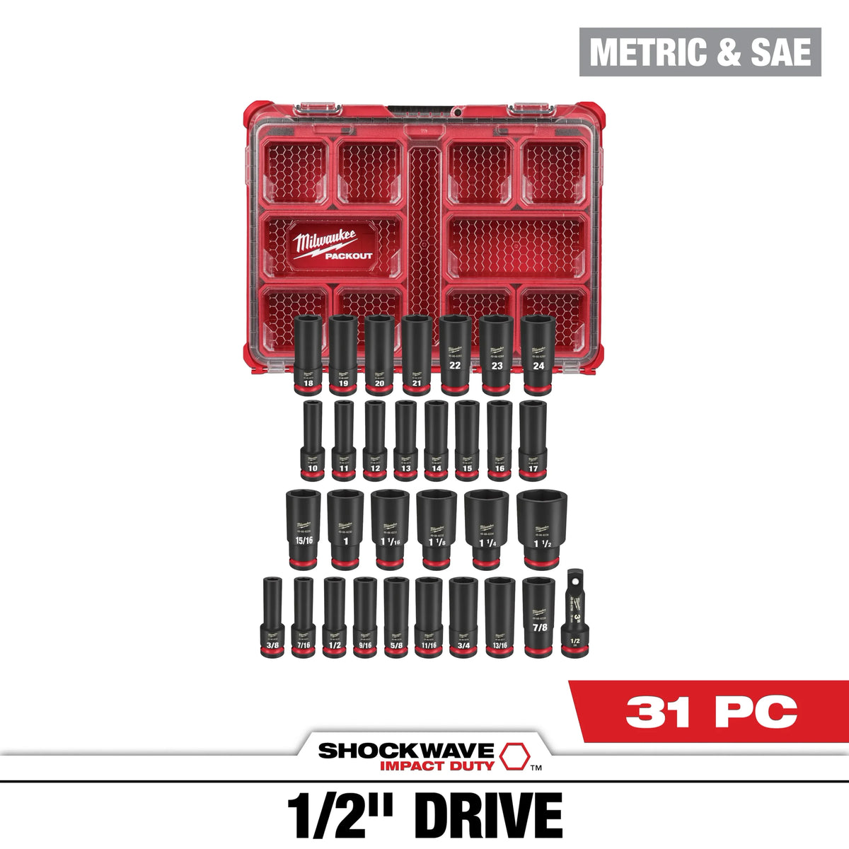 Milwaukee 49‑66‑6806 31 PC Shockwave Impact Duty 1/2‑Inch Drive Socket Set with Packout-Compatible Case