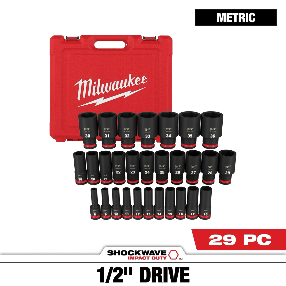 Milwaukee 49‑66‑7015 29 PC Shockwave Impact Duty 1/2‑Inch Drive Metric Deep 6‑Point Socket Set