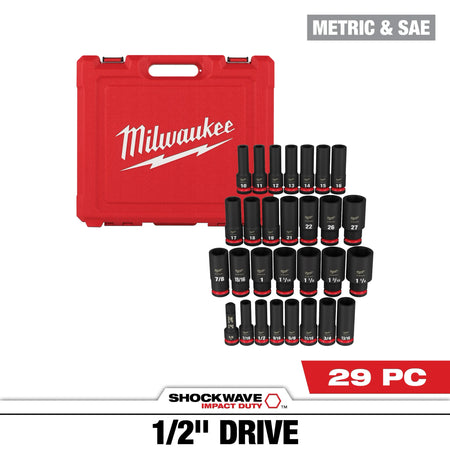Milwaukee 49‑66‑7016 29 PC Shockwave Impact Duty 1/2‑Inch Drive Deep Socket Set (SAE &amp; Metric)