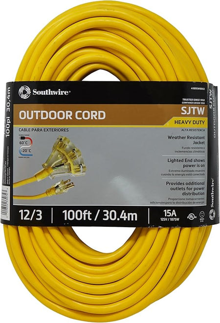 Southwire 4189SW8802 Heavy Duty Extension Cord – 100 ft 12/3 SJTW Tri-Source Cord