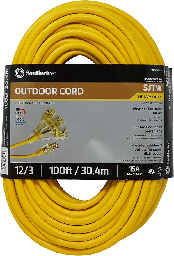 Southwire 4189SW8802 Heavy Duty Extension Cord – 100 ft 12/3 SJTW Tri-Source Cord