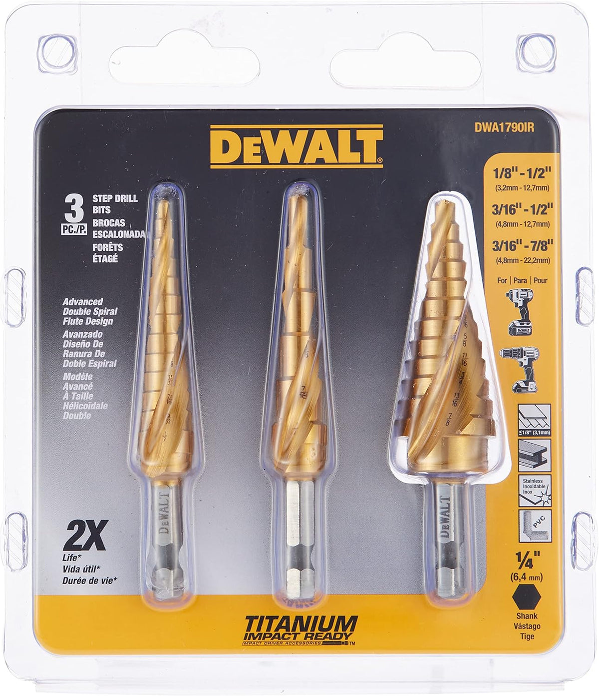 DEWALT DWA1790IR 3-Pc IMPACT READY Titanium Nitride Coating Step Drill Bit Set
