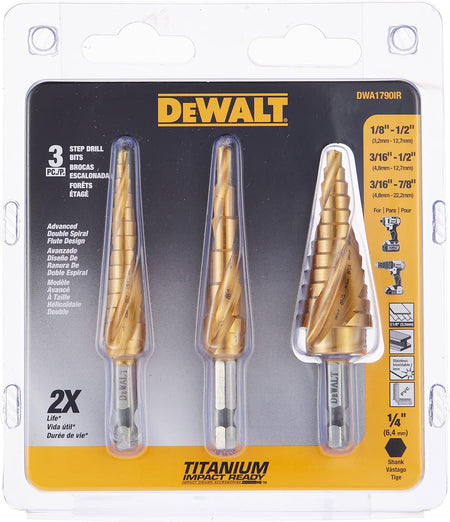 DEWALT DWA1790IR 3-Pc IMPACT READY Titanium Nitride Coating Step Drill Bit Set