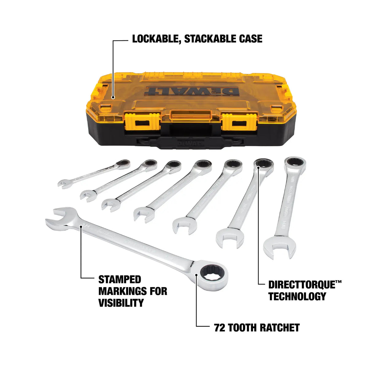 DEWALT DWMT74733 8 Piece Full Polish Ratcheting Combination Wrench Set image 2