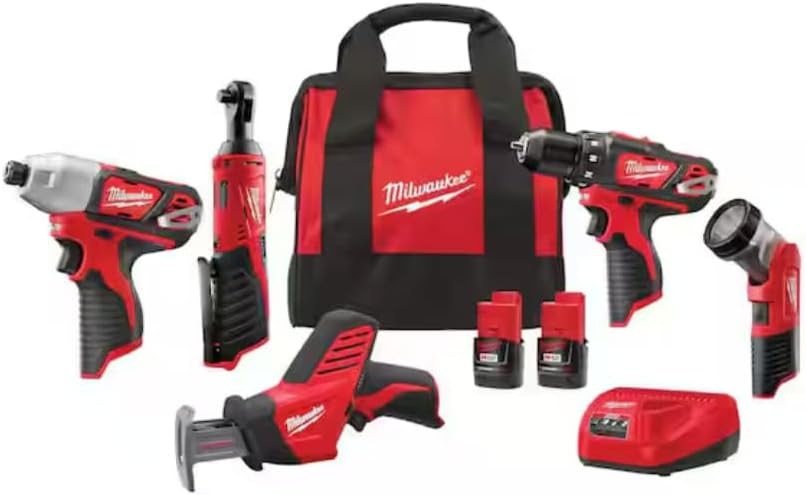 Milwaukee 2498-25 M12 12V Cordless 5-Tool Combo Kit with Drill Driver Impact Driver Reciprocating Saw Ratchet and LED Worklight