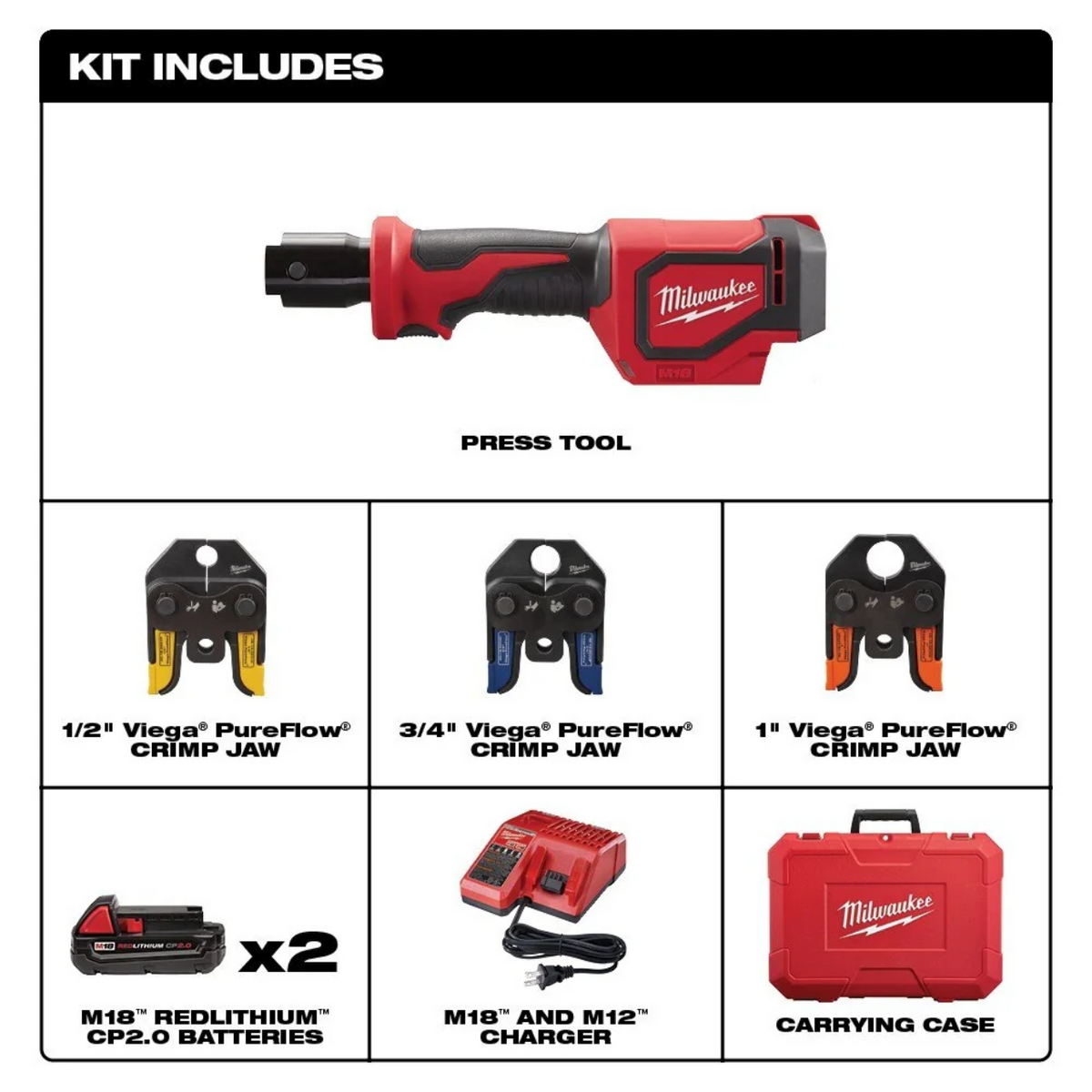 Milwaukee 2674-22P M18 Short Throw Press Tool Kit with Viega PureFlow Jaws image 2