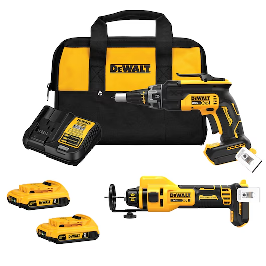 DEWALT DCK265D2 20V MAX XR Brushless Drywall Screwgun and Cut-Out Tool Combo Kit with 2.0Ah Battery for Efficient Jobsite Performance