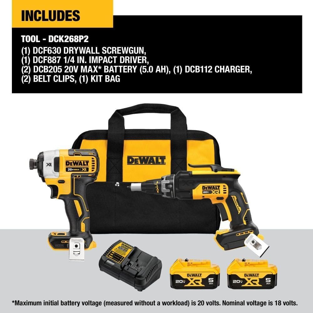 DEWALT DCK268P2 20V MAX XR Drywall Screw Gun and Impact Driver Combo Kit image 3