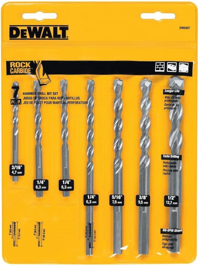 DeWalt DW5207 7-Piece Masonry Drill Bit Set for Concrete, Block, and Percussion Drilling