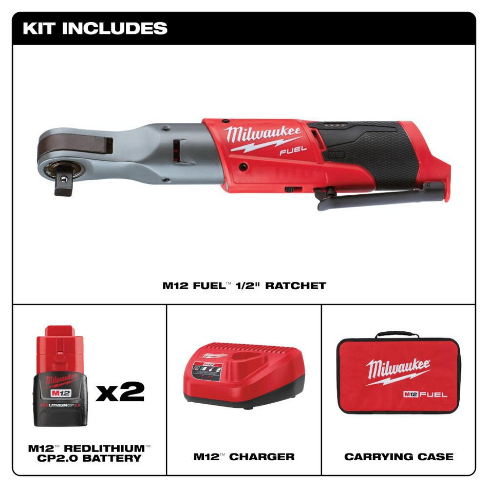 Milwaukee 2558-22 M12 FUEL 1/2" High Torque Cordless Ratchet Kit image 2