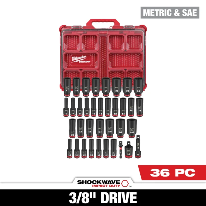 Milwaukee 36PC SHOCKWAVE Impact Duty Socket 3-8 Drive Set with PACKOUT Toolking Milwaukee 36PC SHOCKWAVE Impact Duty Socket 3-8 Drive Set with PACKOUT Toolking